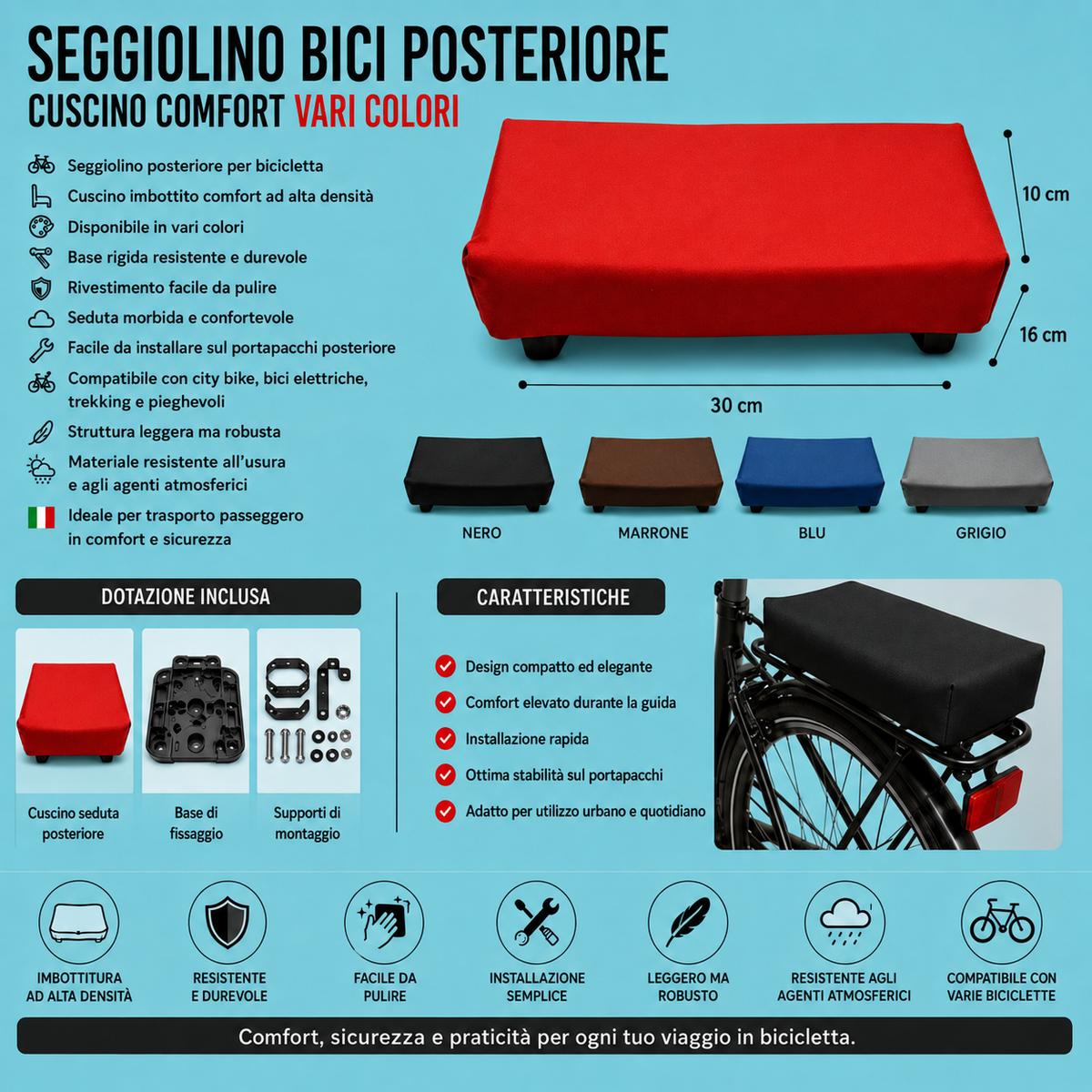 Seggiolino Bici Posteriore Cuscino Vari Colori