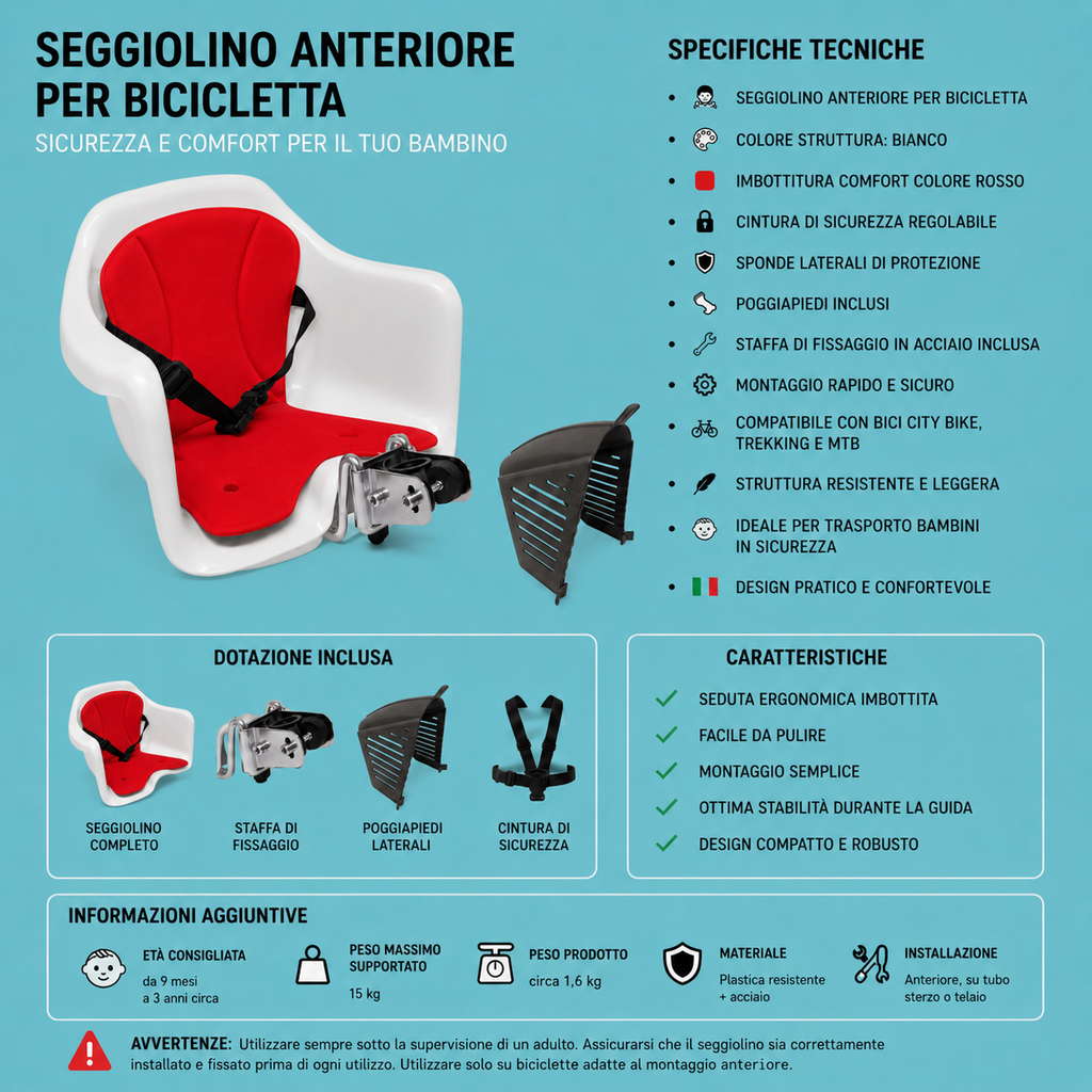 Seggiolino Bici Anteriore Al Manubrio Bianco o rosso