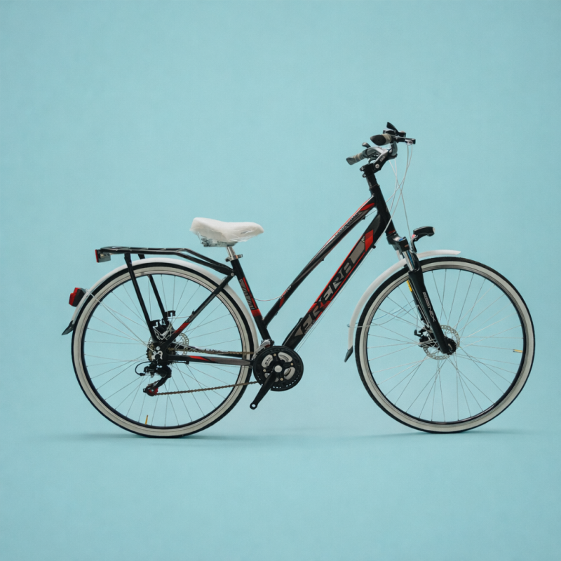 bici 28 donna in alluminio trekking city bike shimano 6v nera e rossa personalizzata