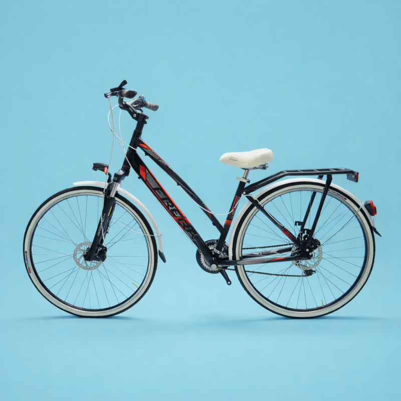 bici 28 donna in alluminio trekking city bike shimano 6v nera e rossa personalizzata