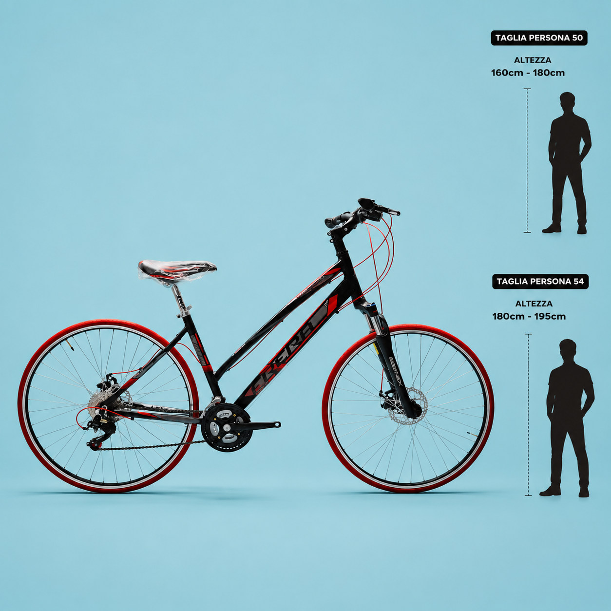 Bici Ibrida 28 Shimano donna in alluminio nero rosso personalizzabile
