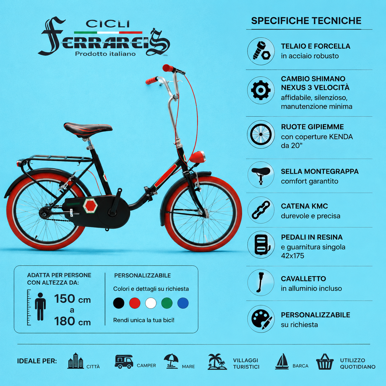 Bici Pieghevole 20" Nero e Rosso — Shimano Nexus, Sportiva e Personalizzabile