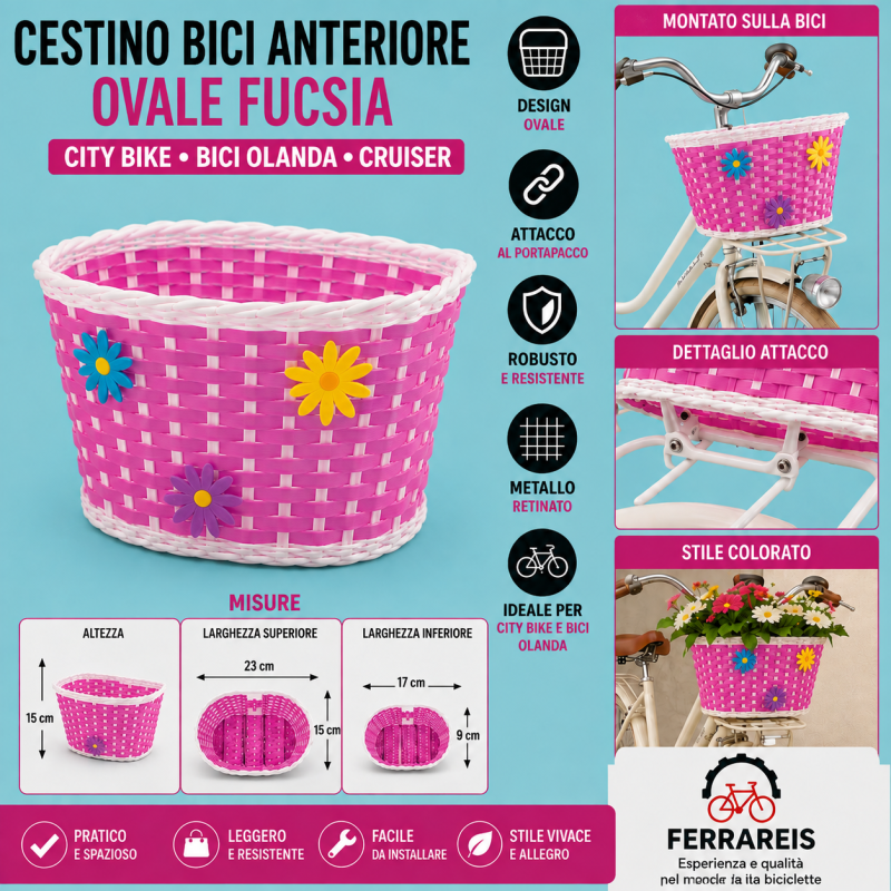 Cestino Bici Olanda Anteriore Vintage Metallo City Bike fucsia bimba bambina
