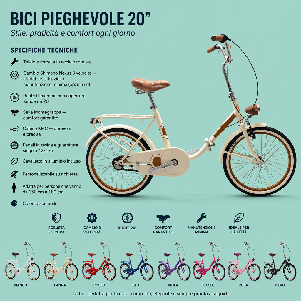Bici Pieghevole 20" Panna e Marrone — Vintage Style, Shimano Nexus, Personalizzabile
