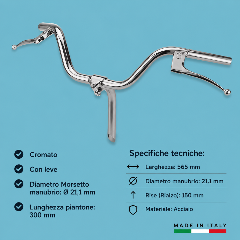 Manubrio Cromato in Acciaio Bici 22,2 Pieghevole - Graziella Completo di Leve