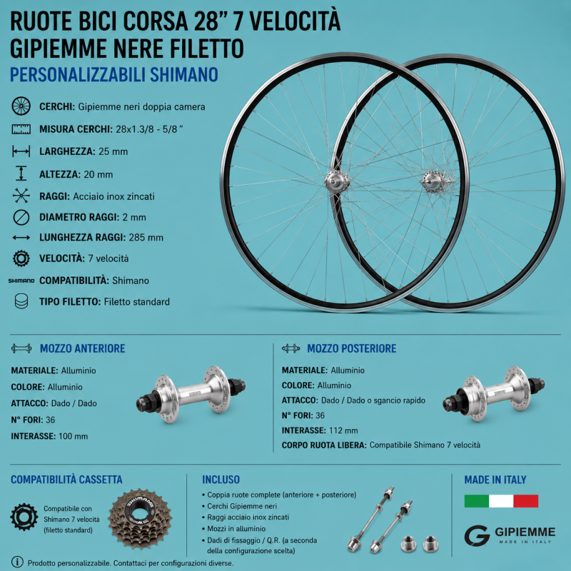 Ruote bici corsa 28 7 velocità gipiemme nere filetto personalizzabile