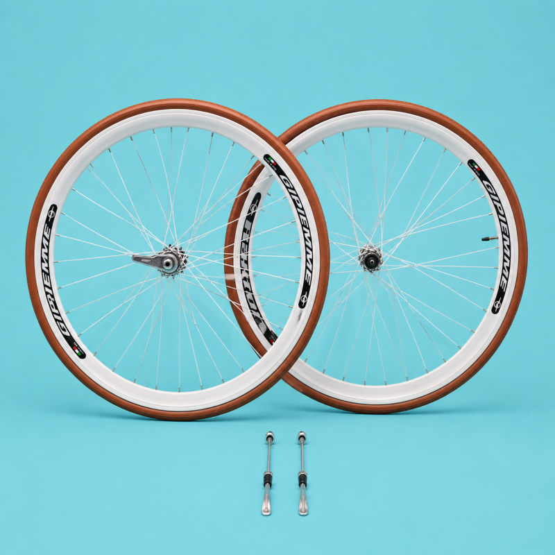 Ruote o cerchi 28 fixed 1v bianco e marrone contropedale 40mm complete personalizzabile