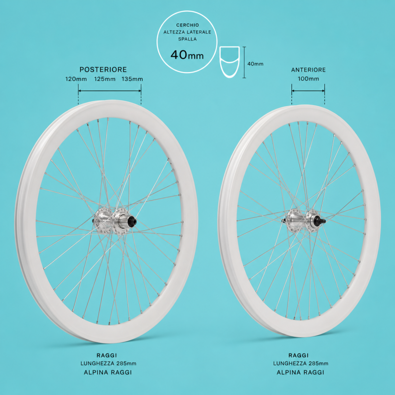 Ruote o cerchi fixed single speed scatto fisso bianche da 40mm alluminio 1v personalizzabile