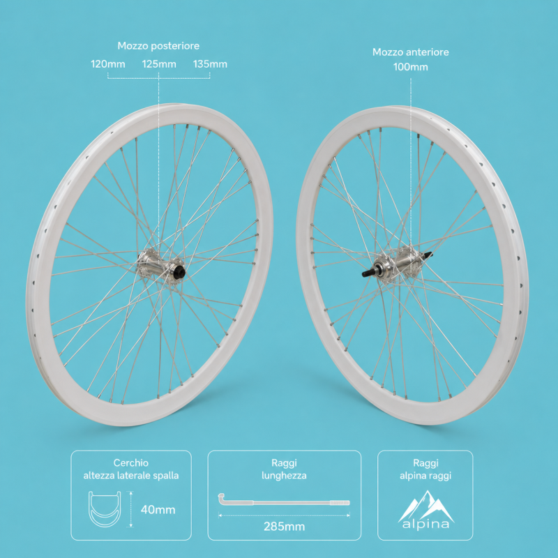 Ruote o cerchi fixed single speed scatto fisso bianche da 40mm alluminio 1v personalizzabile