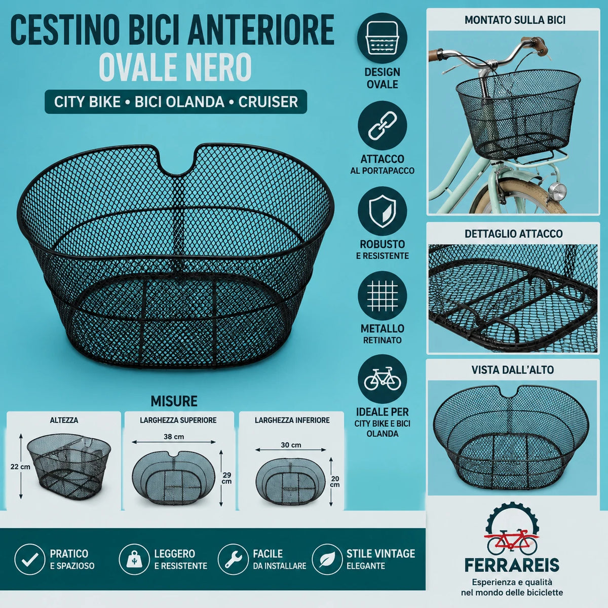 Cestino Bici Anteriore Nero Olanda City Bike Trekking Vintage Metallo Portapacco
