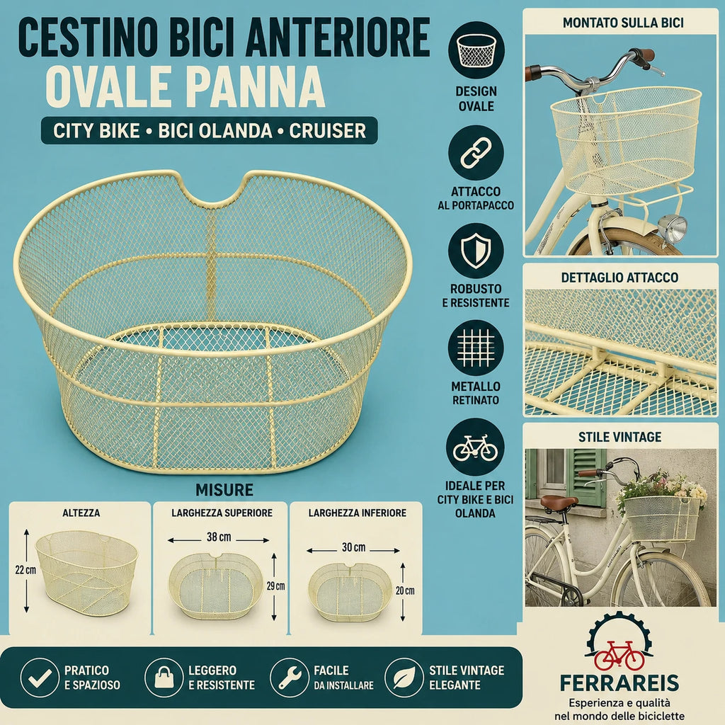 Cestino Bici Anteriore Olanda City Bike Trekking Vintage Metallo Panna Crema