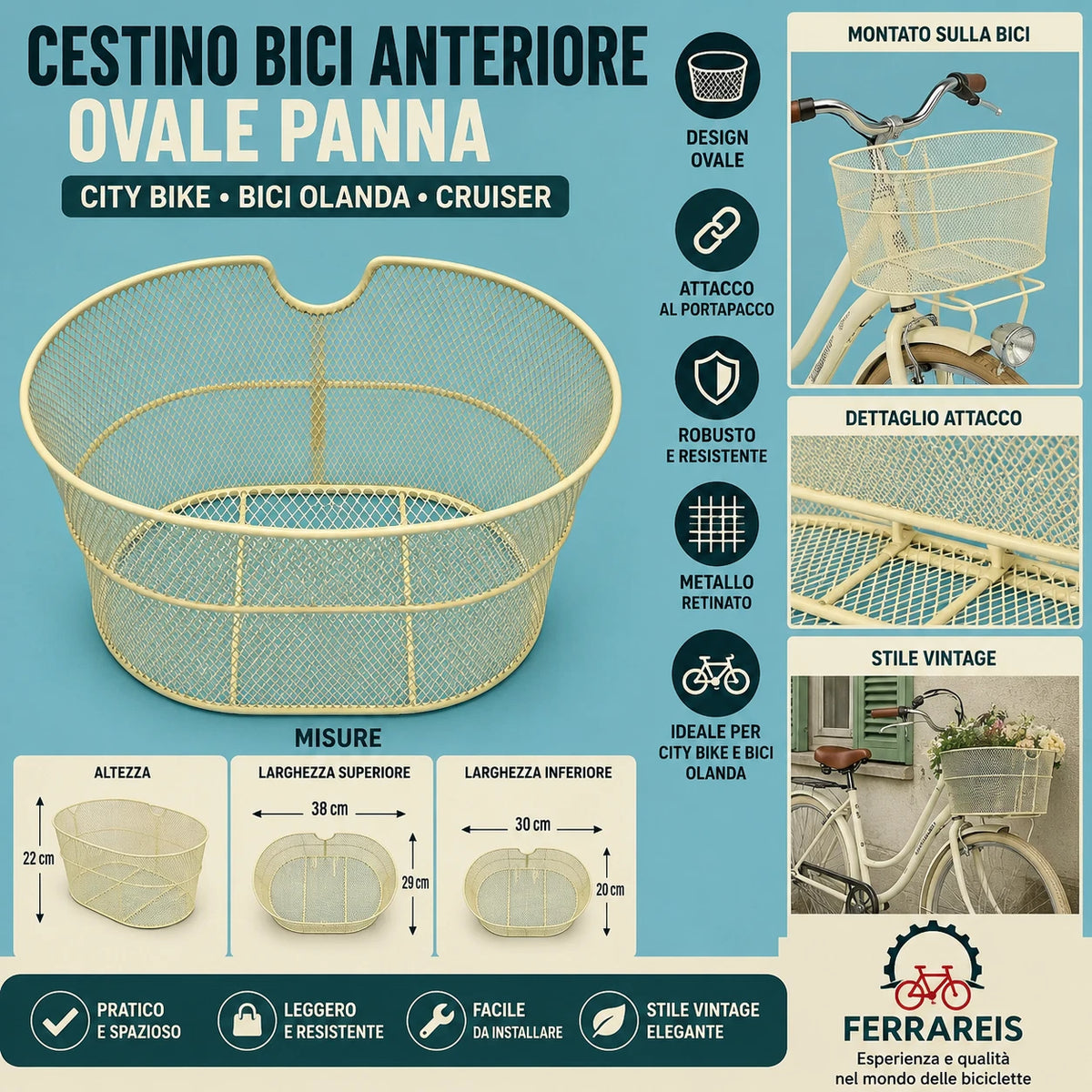 Cestino Bici Anteriore Olanda City Bike Trekking Vintage Metallo Panna Crema