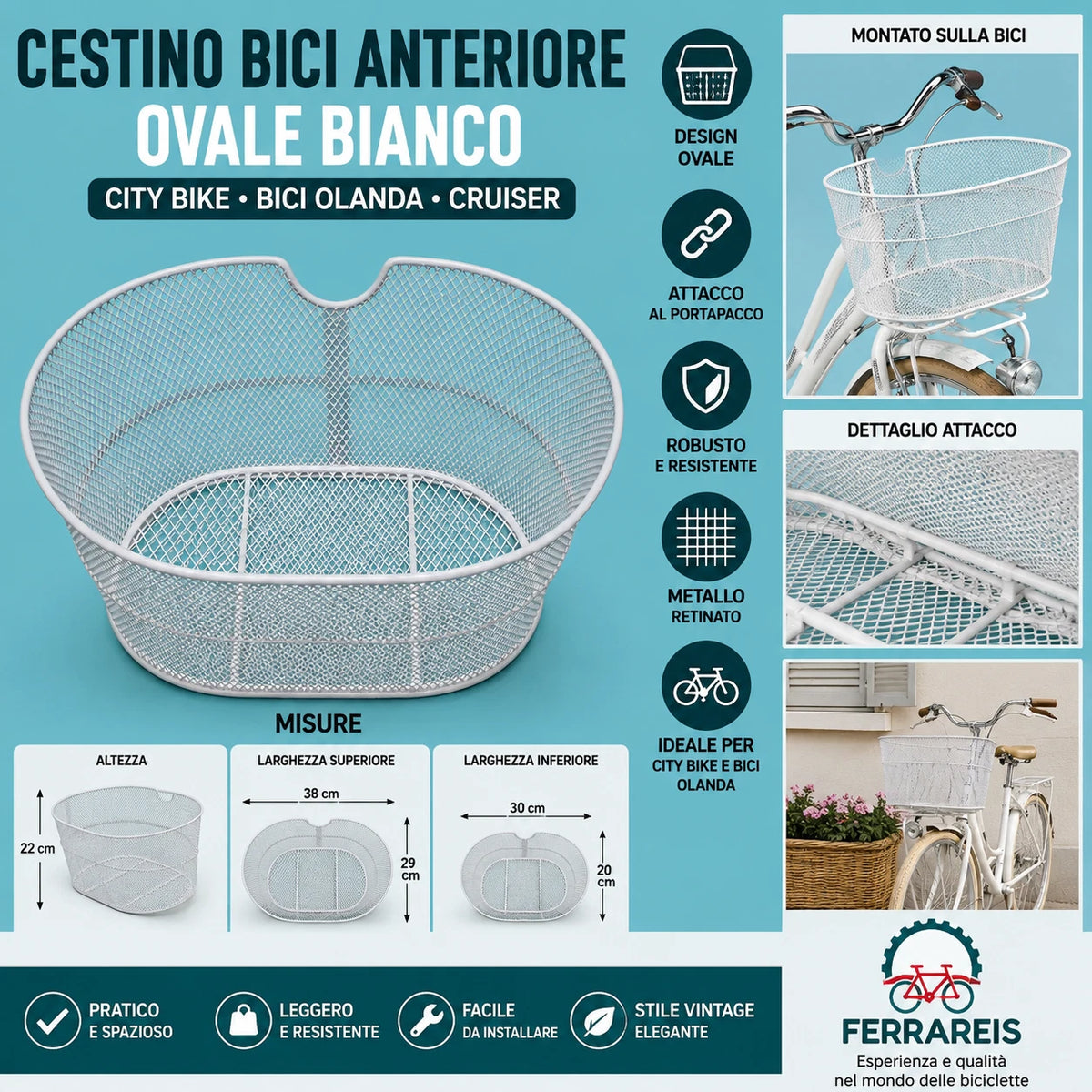 Cestino Bici Olanda Anteriore bianco Vintage City Bike Trekking portapacchi