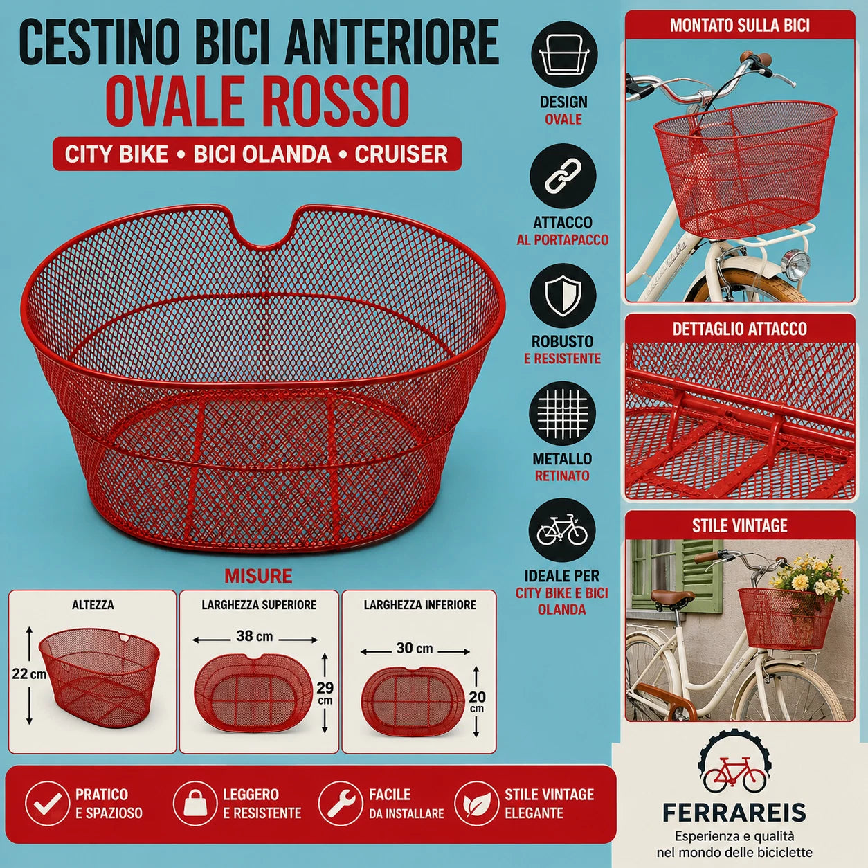 Cestino Bici Anteriore Olanda City Bike Vintage Metallo rosso